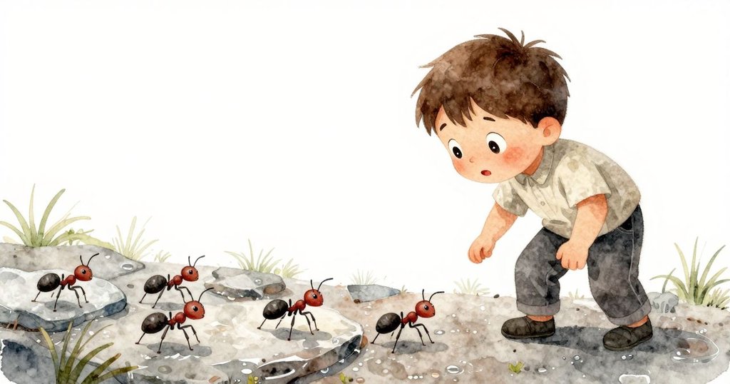 從小蟻視角看，石徑上水珠閃爍，蚂蚁忙碌穿梭，背景中隱約可見少年Zev靜靜觀察