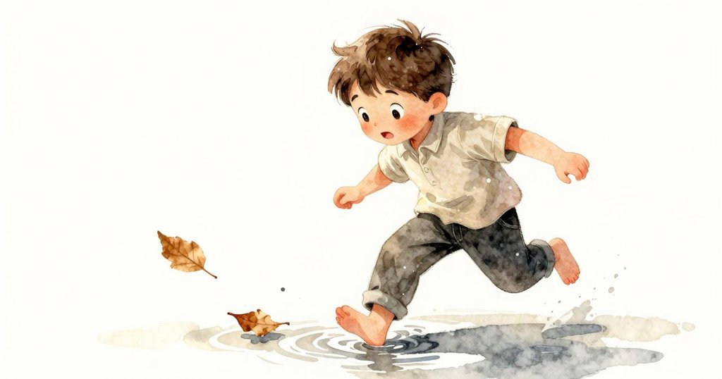 一片落葉於水面上旋轉滑行，形成水波圈，少年Zev靜靜觀察，畫面充滿動感與晨光溫暖