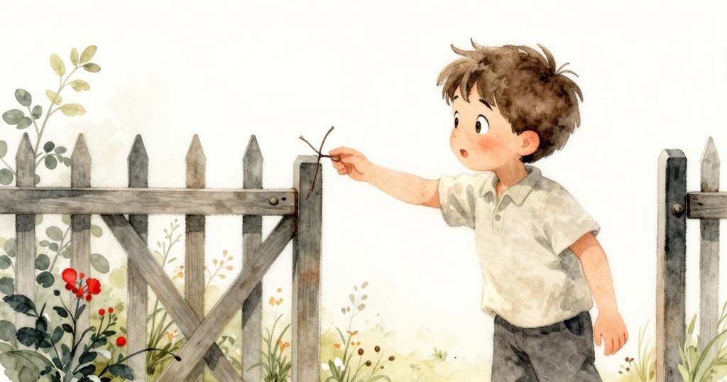 少年Zev伸手觸碰花園門，門因小枝的輕敲微微震動，背景中鳥鳴相伴，充滿好奇與溫馨