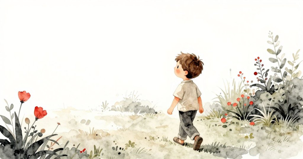 少年Zev背向觀眾走離花園，鳥鳴與晨光相伴，畫面散發著溫馨告別的寧靜氛圍