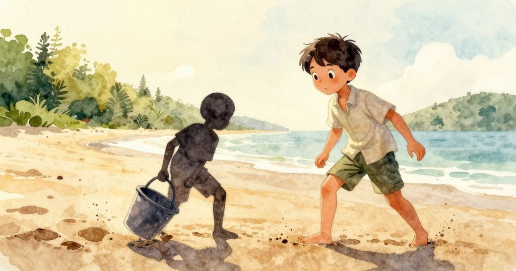 Dorian在海灘上蹲著翻轉水桶，身影在金色晨光中呈現剪影效果，展現故事開始的活力與期待