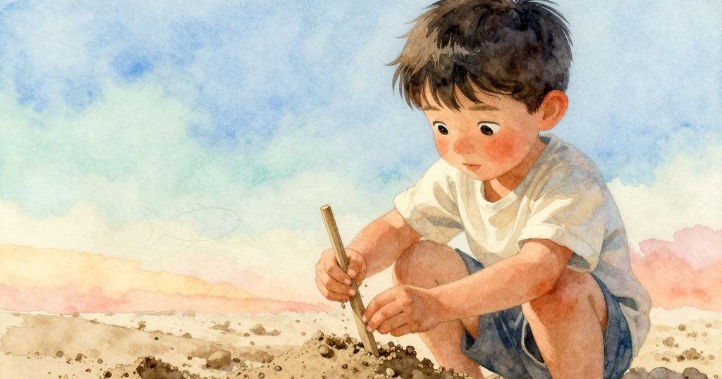 Dorian專注地用平棒塑造沙魚，手部和濕沙細節清晰展現，燦爛晨光中充滿創造的溫柔氣息