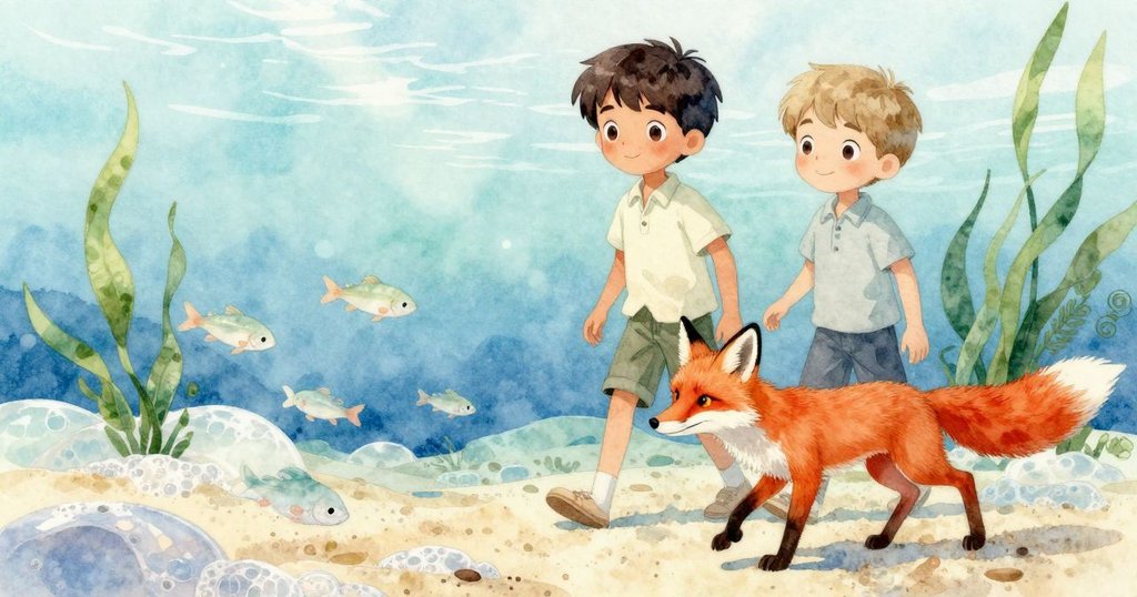 海邊淺水區下，透明泡沫中沙魚形狀隱約可見，海藻輕輕漂浮，營造出神秘夢幻的水下景致