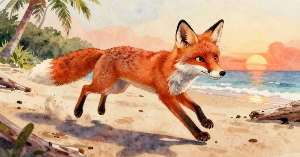 狐狸聞到沙魚後緊張跳開，動態表現瞬間凝固，背景中海灘與碎木呈現出自然界本能的緊迫感