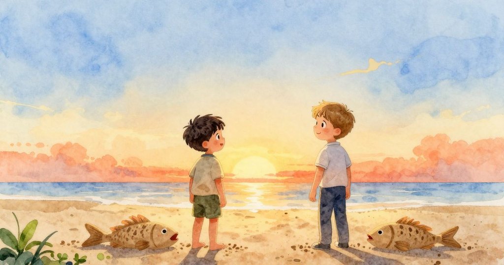 Dorian與Niall站在完成的沙魚旁，臉上洋溢著滿足笑容，眺望著充滿希望的遠方，夕陽映照出溫暖未來