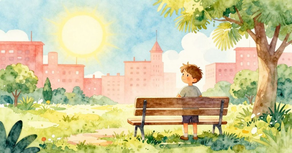 林登在公園中，舉著木製長椅，陽光映照下形成剪影，背景有藍天和綠色樹木，神情專注且溫暖。