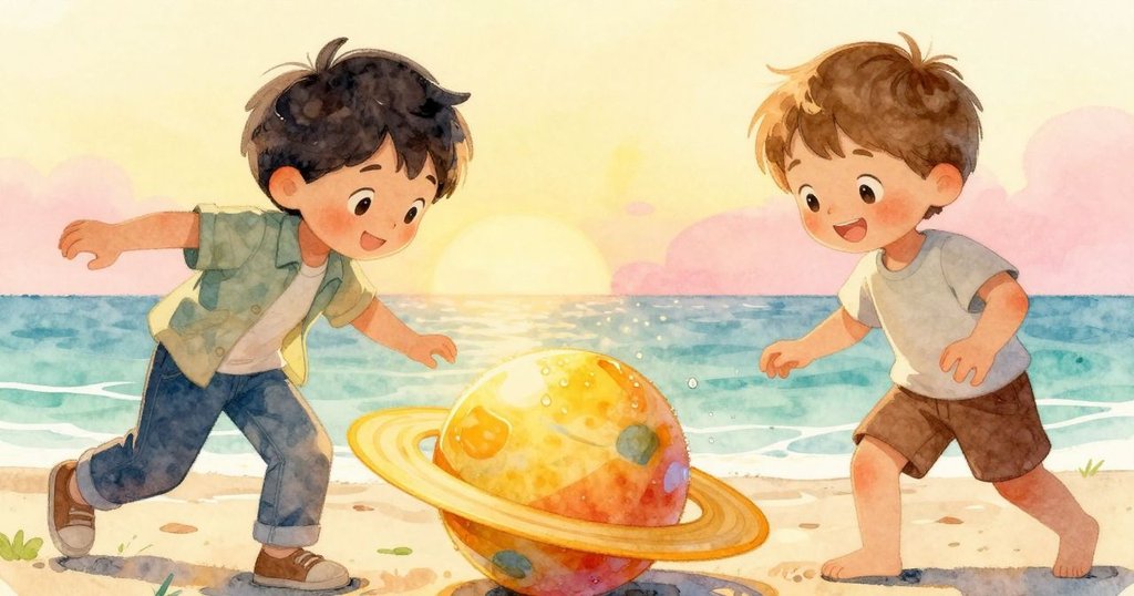 玩具星球在晨露上緩緩滾動，鮮明的亮環與閃爍露珠，在晨光下散發出迷人光彩。