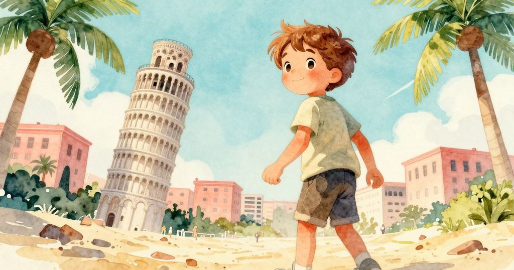 林登從低角度仰視傾斜的沙城，凝視著彎曲的沙塔，神情中流露出驚奇與好奇。