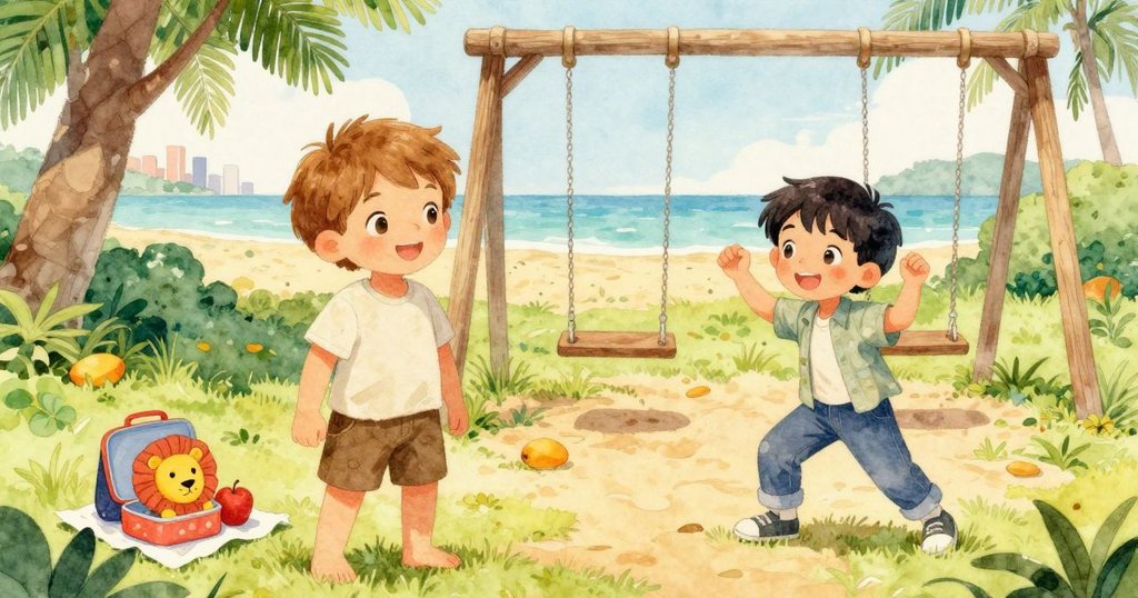 公園中擺放著秋千、沙城和豐富物件，午餐盒、塑料獅子及蘋果細節生動，空氣中瀰漫清新晨光。