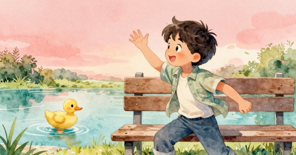 遠處的孩子在長椅上熱情揮手，池塘上鴨子輕輕漂浮，動感十足，整個場景充滿活力與歡快氛圍。