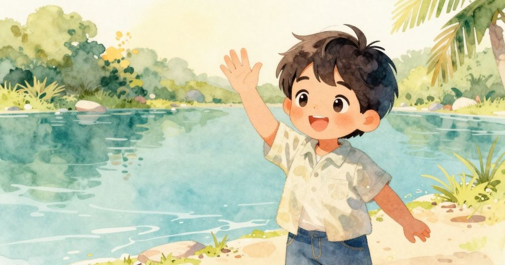 孩子在公園中微笑著揮手告別，池塘反射出柔和光線，小鴨穩靜漂浮，畫面溫馨而寧靜地結束。