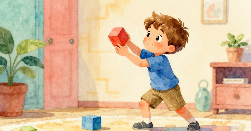 艾弗雷特彎腰將木塊立放，木塊搖搖欲墜的瞬間充滿不確定性，展現動態動作與奮力嘗試