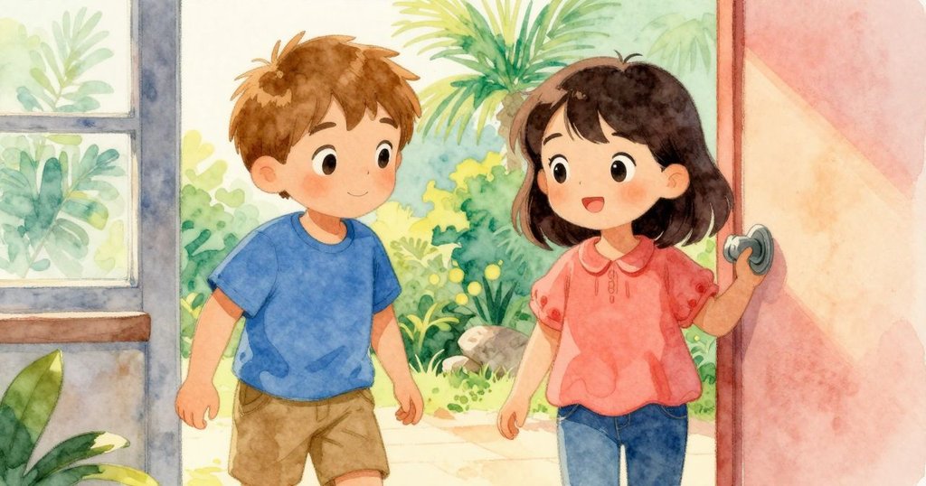 內樂帶著圖畫書踏入房間，眼神溫柔專注，背景窗外可見綠意，呈現情節轉折與室內外連結