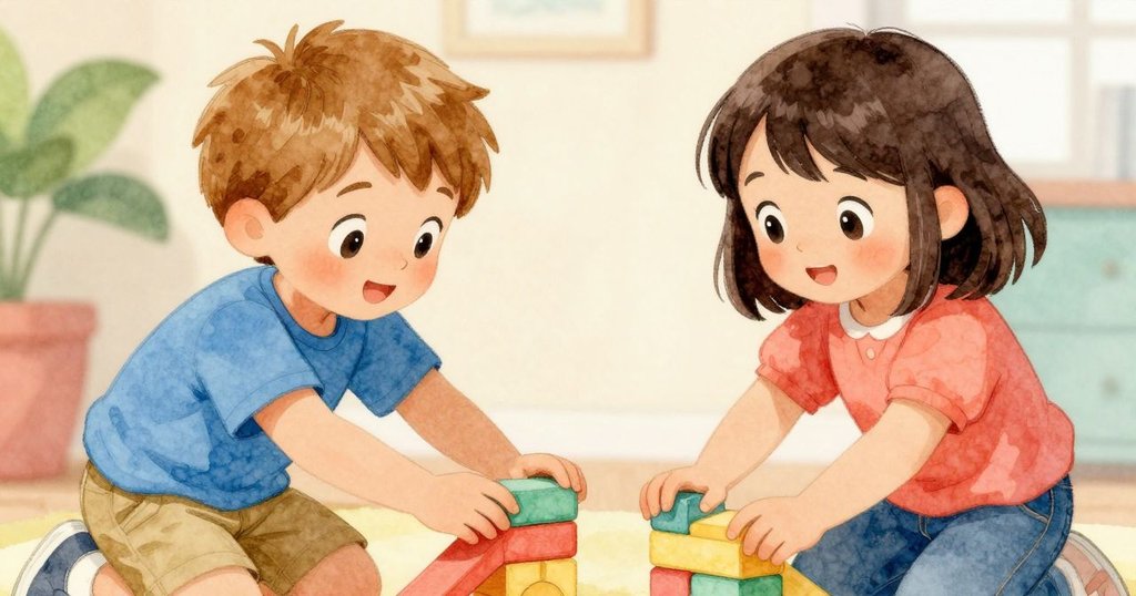 兩兄妹合力將圖畫書做成斜坡，推動木塊向上攀升，神情專注緊張，展現出團隊合作與挑戰氣氛