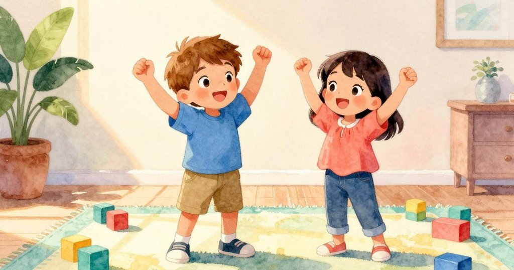 艾弗雷特舉臂慶祝勝利，內樂輕拍圖畫書慶祝成功，木塊穩立於斜坡上，陽光照亮溫馨房間結局