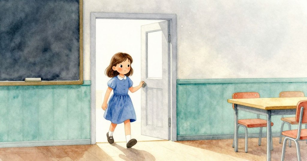 Josie走進明亮教室, 桌上擺滿手工用品與橘色魚剪影, 氛圍溫暖迎接創意冒險