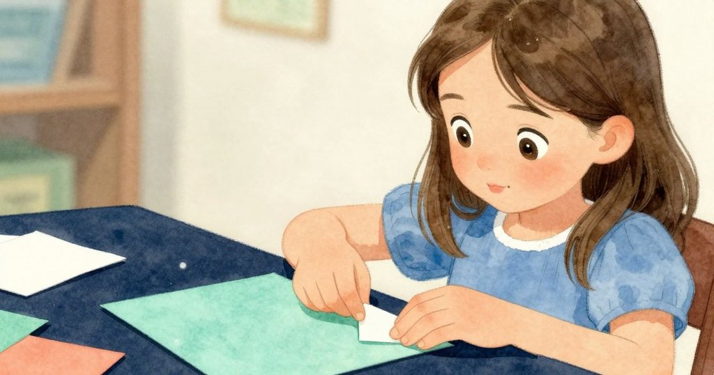 Josie專注地排列桌上三張紙方塊, 臉上充滿認真與創意, 灰光柔和映出室內環境