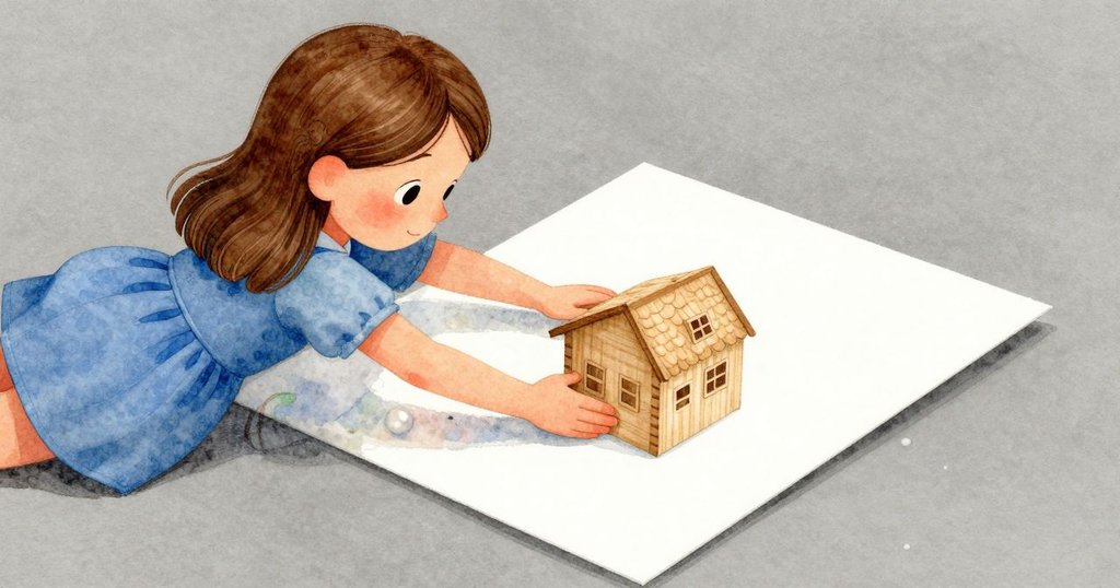 Josie從斜角視角放置木製小屋於紙方塊上, 旁邊積木清脆入位, 呈現活潑手作氛圍