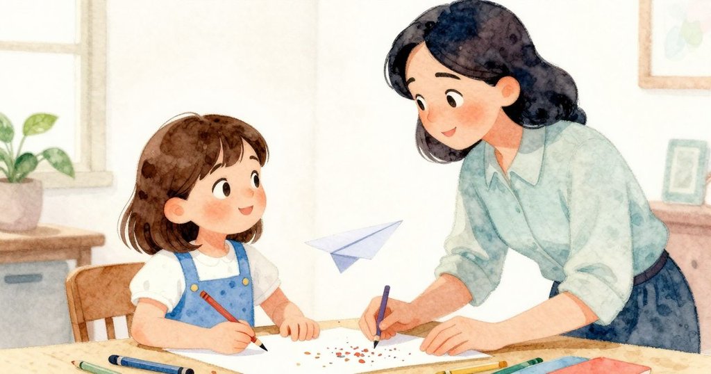 在教室中, 老師低語讚賞Josie, 桌上整齊紙方塊旁蠟筆碎屑閃耀, 小紙飛機輕輕滑過, 氣氛溫馨