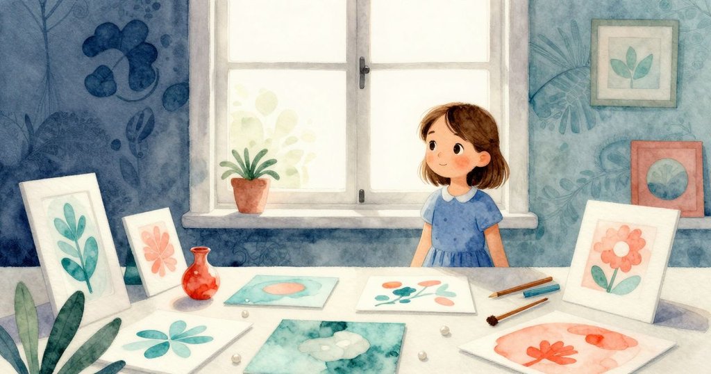 Josie滿意地注視前方, 桌上整齊手工作品與滑動小紙飛機, 教室光線明亮, 迎接下一個創作旅程