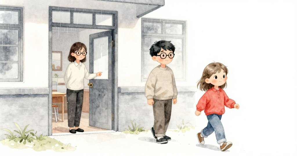 老師站在教室門前看著小雨飄落,學生走近教室,窗外模糊庭院呈現溫暖晨光