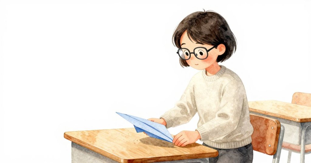 老師在木桌上輕撫濕漉的藍色紙飛機,室內溫暖燈光照耀,窗外細雨仍在輕落