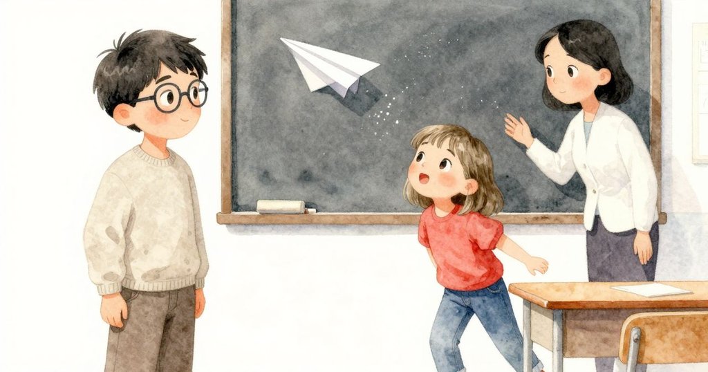 老師和學生從傾斜角度觀察桌上紙飛機,粉筆塵隨光線漂浮,氣氛中透露出好奇與探索