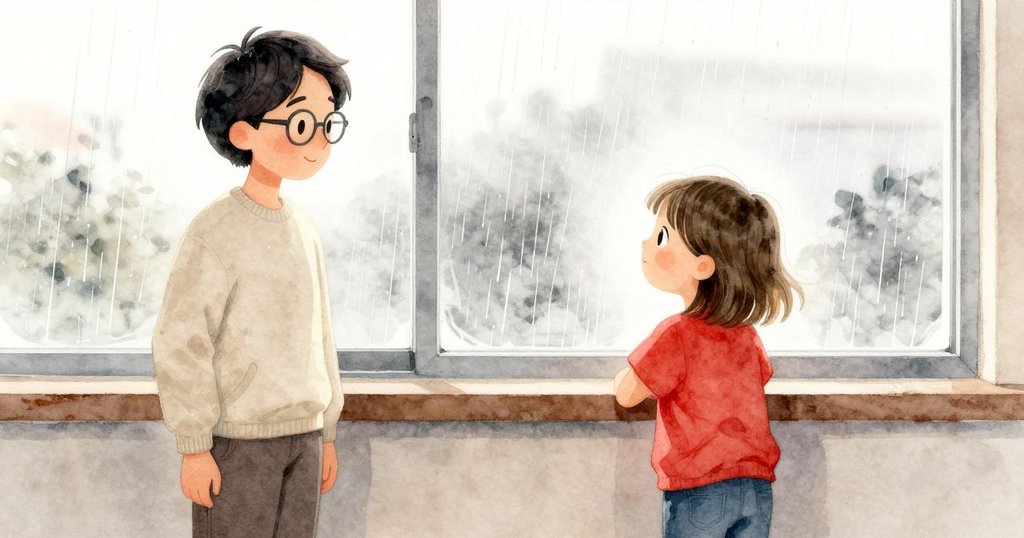 老師和學生站在窗前凝視雨滴映照的景象,柔和光影透過室內溫暖氣氛流露寧靜感
