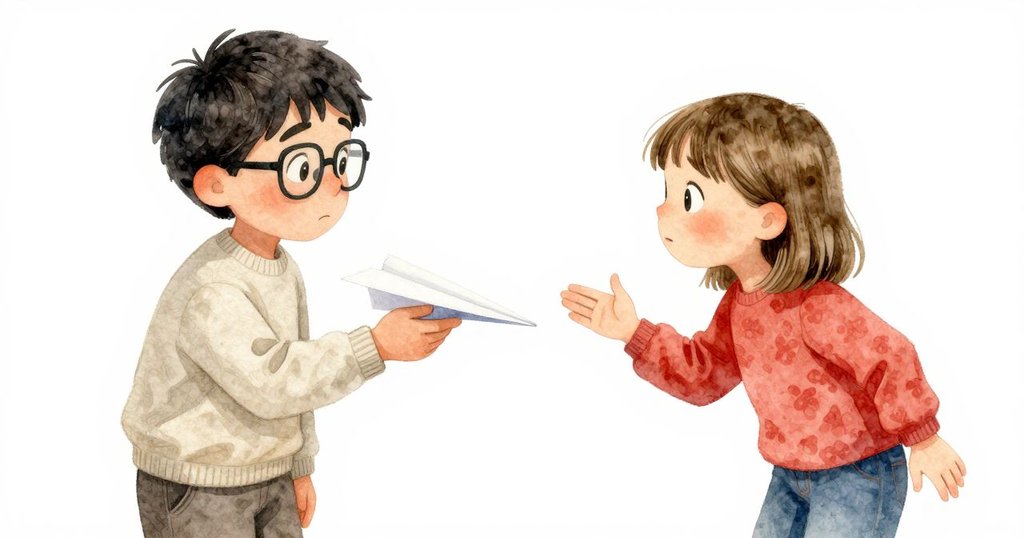 老師和學生對視間流露出驚訝與期待,紙飛機上細微皺摺初顯,室內光影溫暖而謹慎