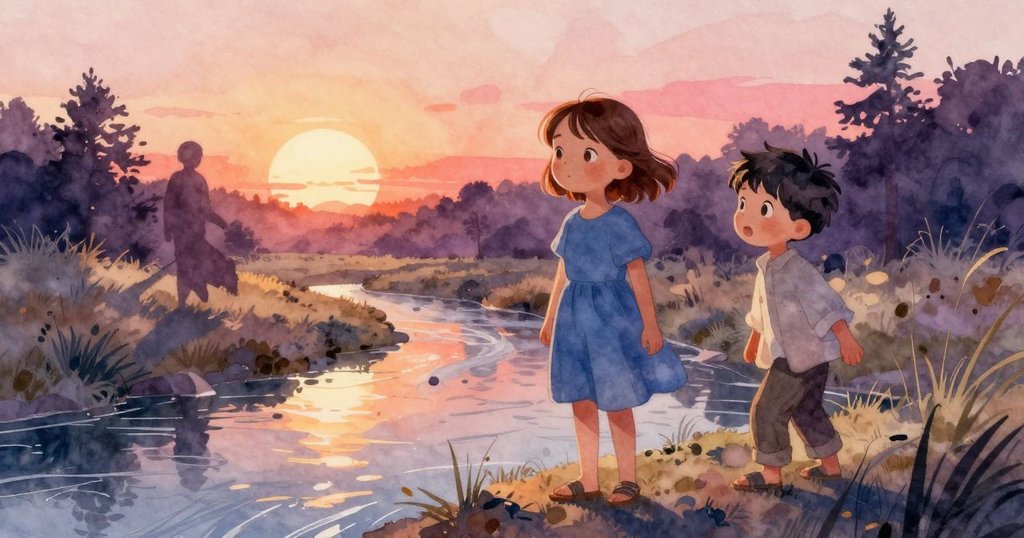 Poppy與Drip在秋天溪邊活動，Poppy跪坐水邊，Drip輕敲岩石，背景溫暖光線灑落形成美麗剪影