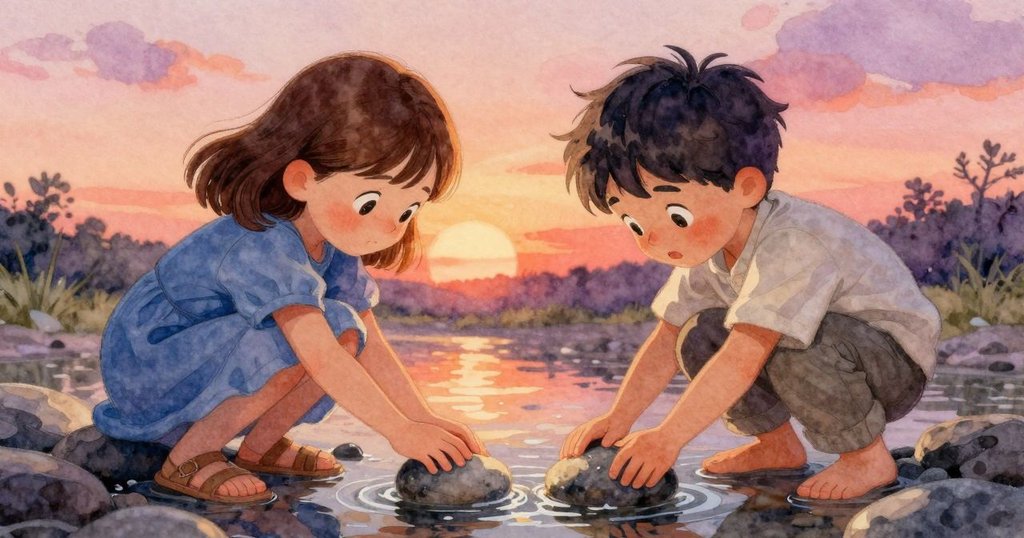 Poppy的手輕壓光滑小石，溪水蕩起環形漣漪，溫和光線映出自然之美