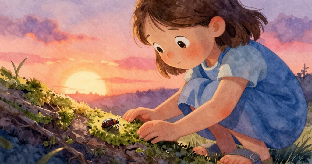 Poppy輕拍苔蘚根，細小棕色甲蟲清晰可見，畫面充滿自然好奇感和豐富質感