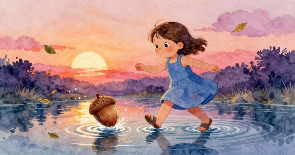 Poppy輕觸橡實蓋，橡實蓋旋轉順流而下，動態畫面展現自然流動與光影交織