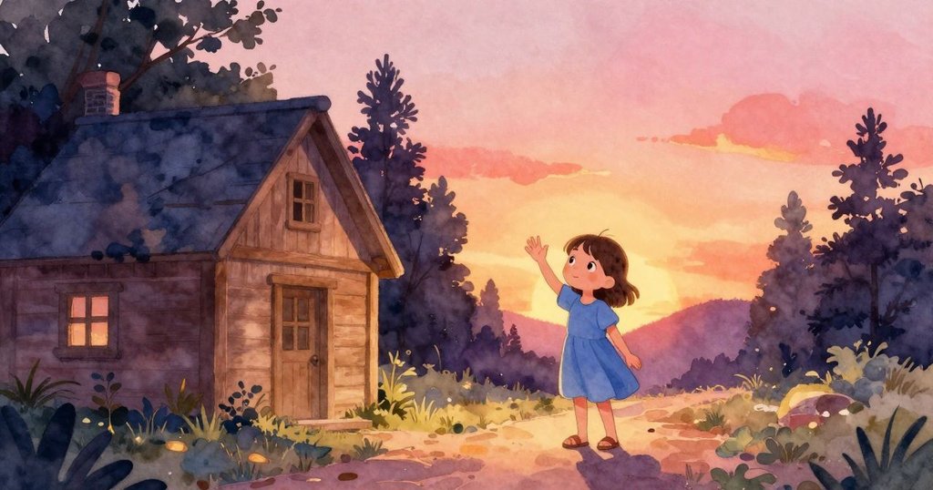 Poppy在溪邊揮手告別熟悉環境，背景樹林中現出木屋，新路展開充滿希望與溫暖光芒