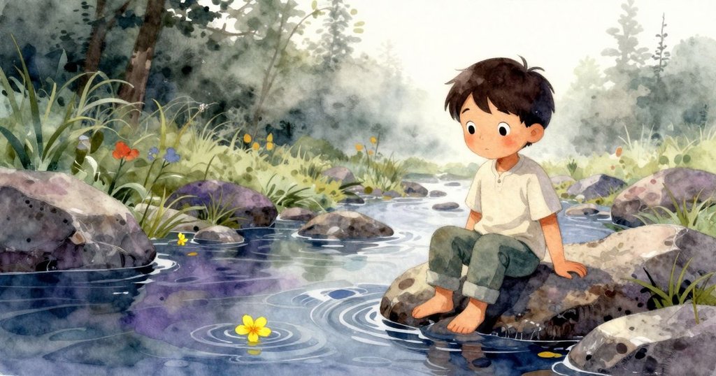 在晨霧中，Max安坐在光滑岩石上，旁邊清澈溪流流淌，柔黃花瓣輕飛，呈現出故事開頭的寧靜氛圍