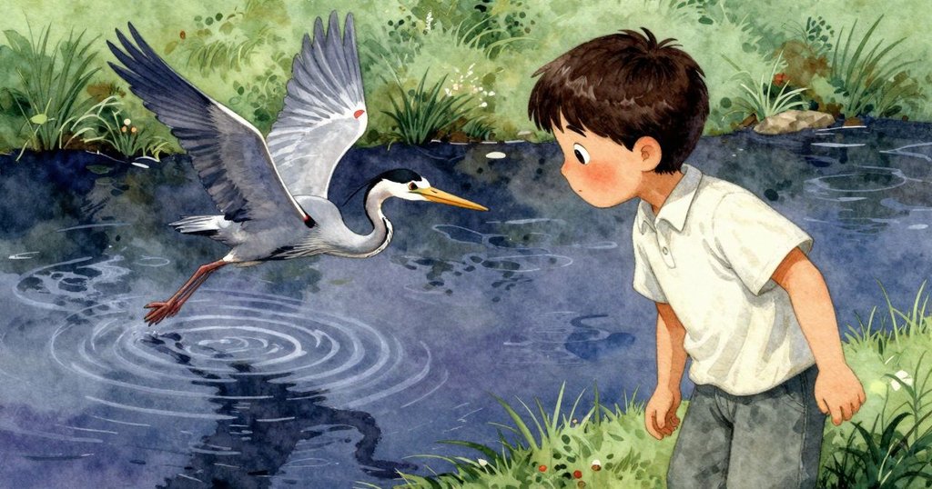 Max注視著溪水中映出的景象，一隻高挑灰鷺掠過水面，水花四散，展現故事中段的靜謐發展