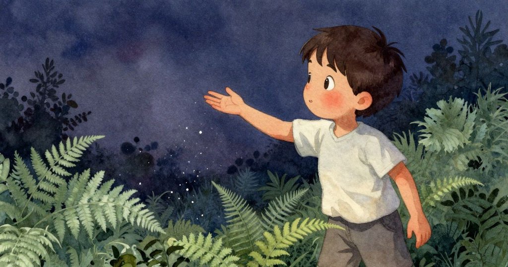 隨著時光流轉，Max伸手接觸飄落的樹皮微塵，蕨葉輕拂膝間，背景柔和光線展現情節細膩變化