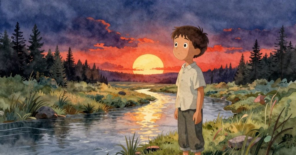 夕陽餘暉中，Max靜立溪畔，金色光芒灑落大地，呈現故事結局的寧靜與溫暖，情感豐富