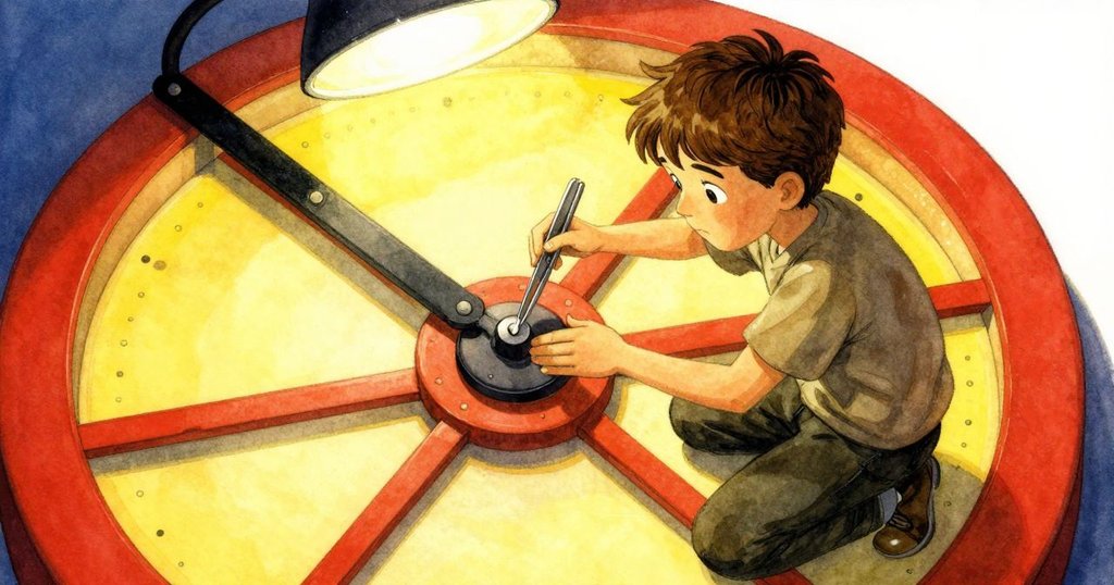 從高角度看到托比亞斯蹲於巨型主輪旁,用鑷子精心調整斷環,展現堅毅與細緻技藝。