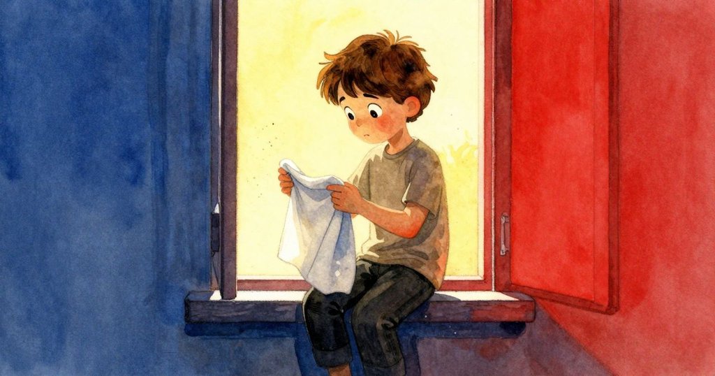 托比亞斯站在窄窗邊細心摺起沾油布料,柔和陽光灑落,微塵飄揚,神情沉思。