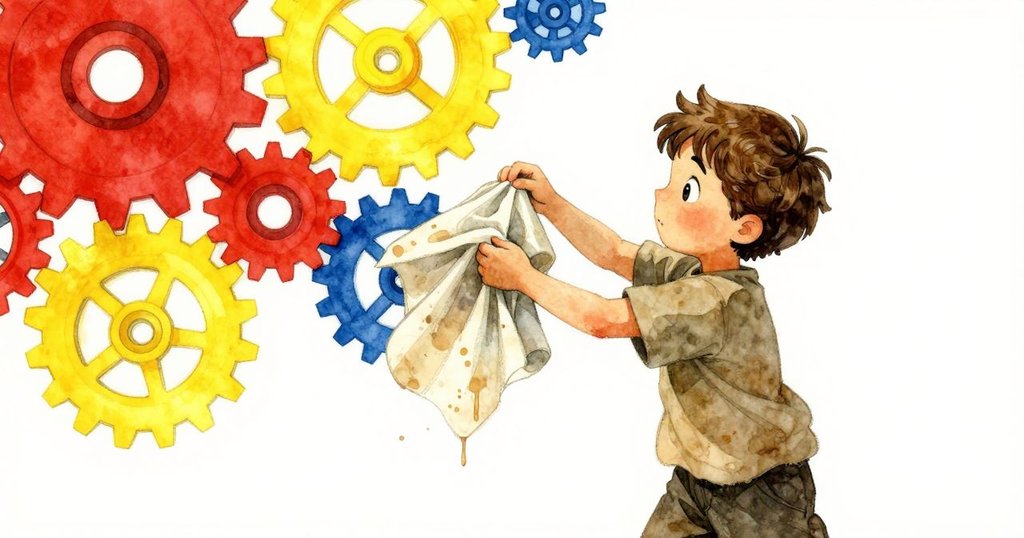 托比亞斯調整半摺油布,齒輪隨之連鎖響應,動作與反應互動明顯,細節展現精密工藝。