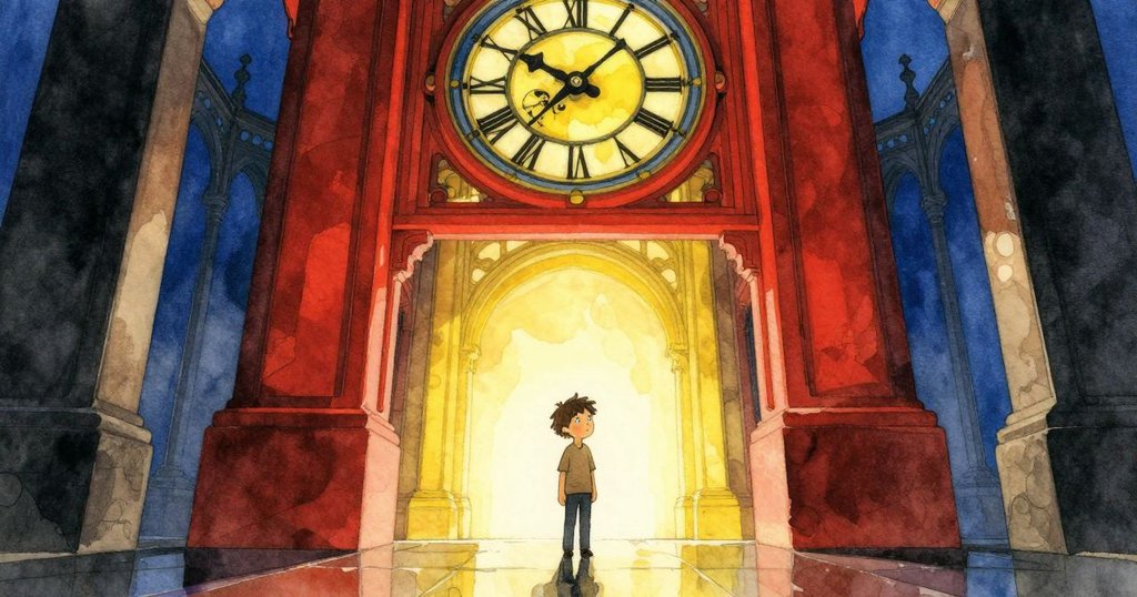 托比亞斯在廣闊鐘樓中顯得渺小卻堅毅,古老機械重現脈動,寬景中彰顯宏偉與個人勇氣。