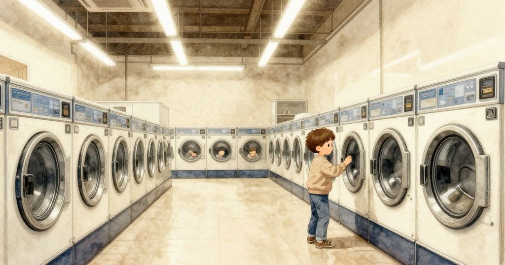 亞特拉斯走進洗衣店,面部映出溫暖與涼意,背景充滿閃光燈光及忙碌機器,展現故事開端