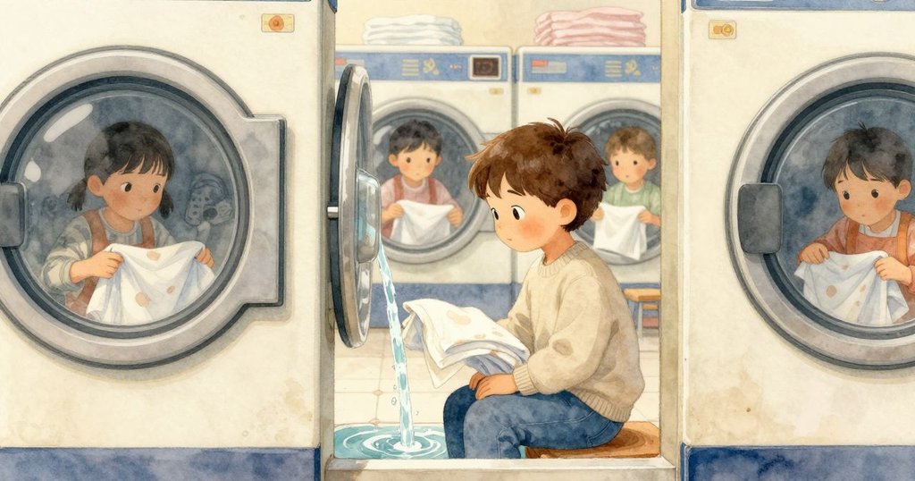 亞特拉斯端坐於椅上觀察流水,旁邊學生協作摺衣,透過門縫捕捉動態細節,展現情節發展