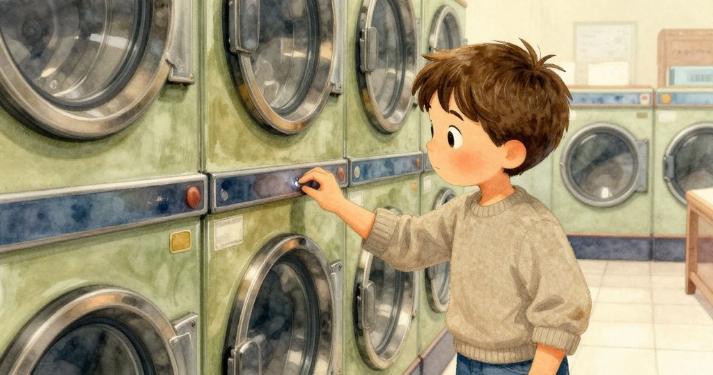 亞特拉斯低頭觸摸洗衣機金屬溝中的隱藏凹痕,細緻探索機器秘密,燈光柔和突顯細部