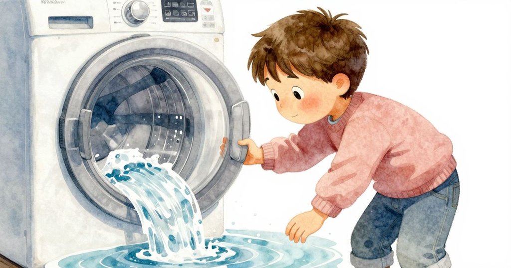 亞特拉斯緊盯著聚集的水流和劇烈運轉的洗衣機,神情專注且略帶緊張,畫面充滿懸念