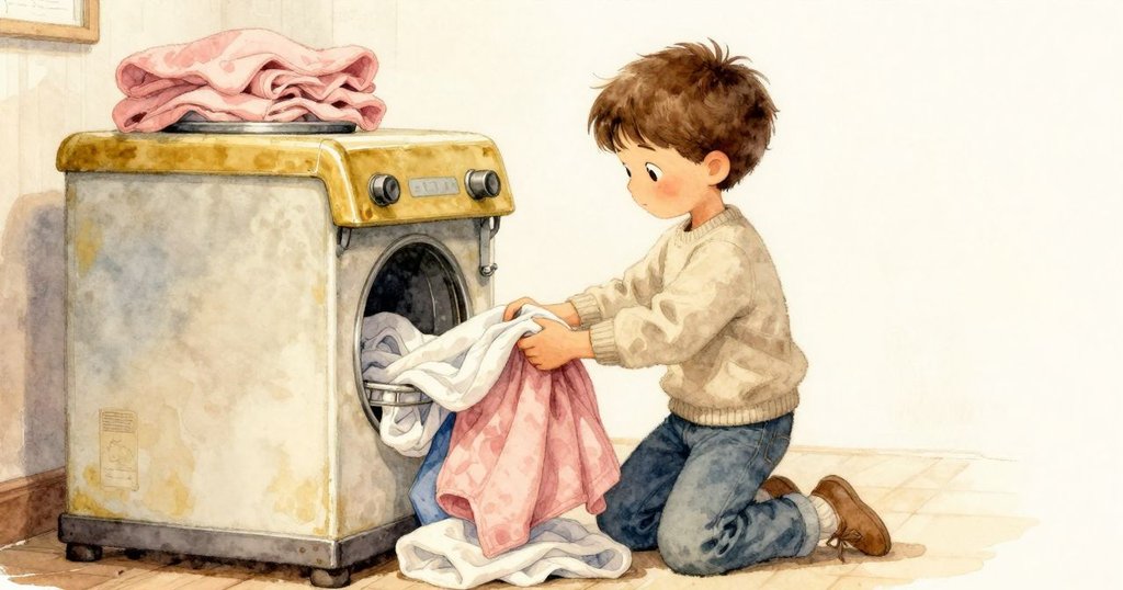 亞特拉斯靜靜摺衣,洗衣房在柔和金光中重拾秩序,場景從緊張走向寧靜與溫馨,故事完結