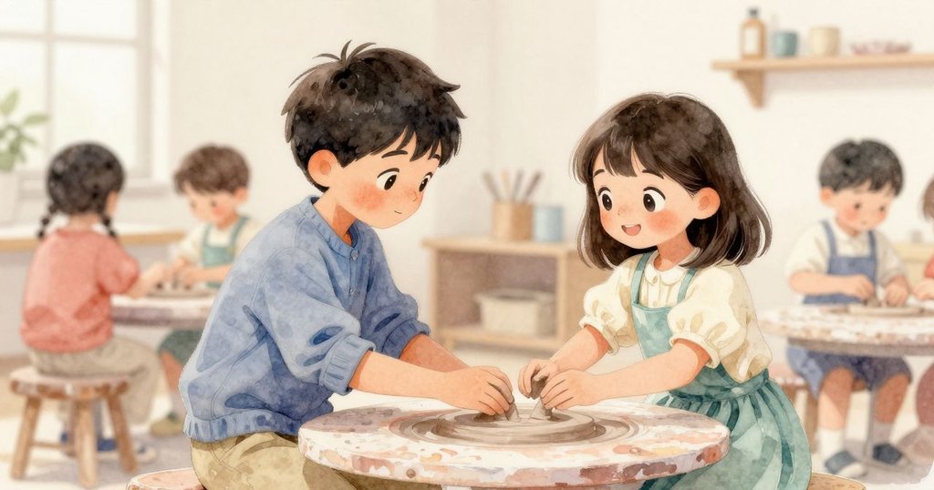 Dorian與Zara在陶藝教室中互動，Dorian輕觸溫暖碗緣，Zara輕推杯子，背景有運轉風扇與窯爐，氣氛專注。