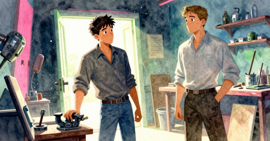 歐文與埃梅特於明亮工作間互動,麻雀穿過門框飛舞,塵埃散落,氣氛充滿期待與動感。