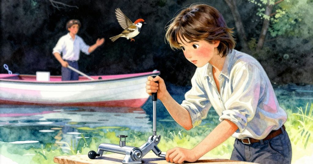 麻雀輕舞於夾具上,背景中工匠正雕製模型船,環境略帶變形視角,充滿夢幻感與創意。